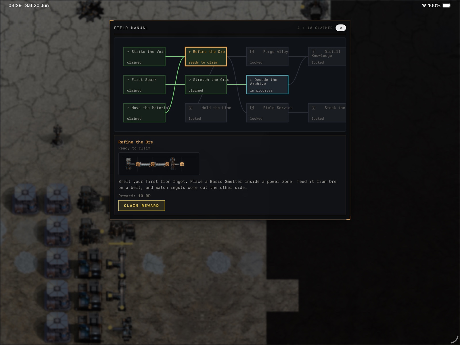 The Field Manual — guided objectives walk you through your first production chains.